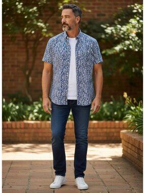 J.Crew Mens Slim Flex Washed Short-Sleeve Floral Button-Up Shirt M Cotton Blend